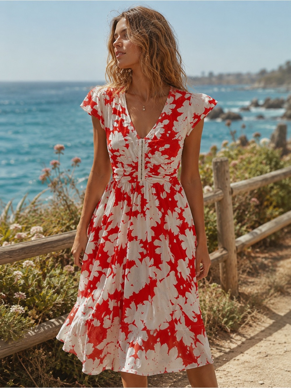Maeve Red and White Floral V-Neck Midi Dress with Front Buttons